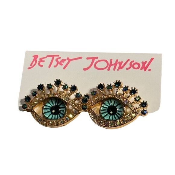Betsey Johnson Eye Stud Earrings with Blue Crystals and Stones in Goldtone Metal - Picture 2 of 3
